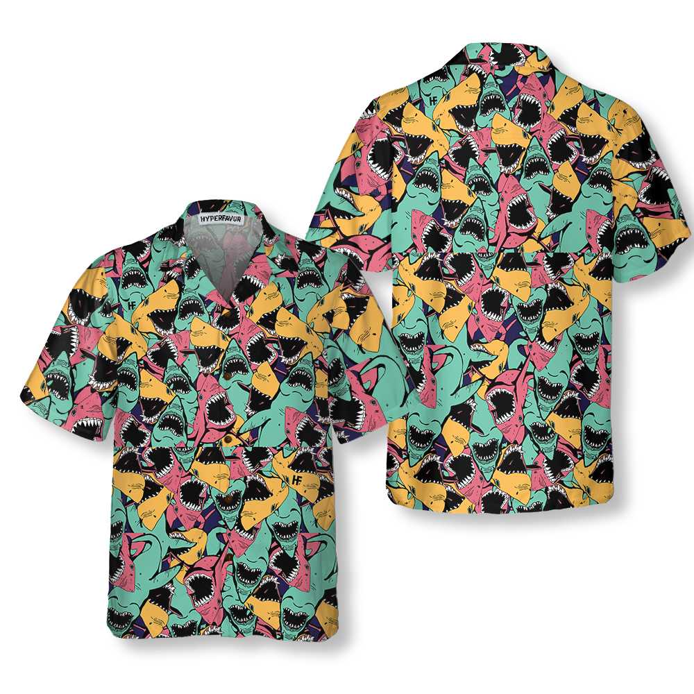 Angry Shark Seamless Pattern Hawaiian Shirt Shark Shirt Button Up For Adults Shark Print Shirt 1.jpg