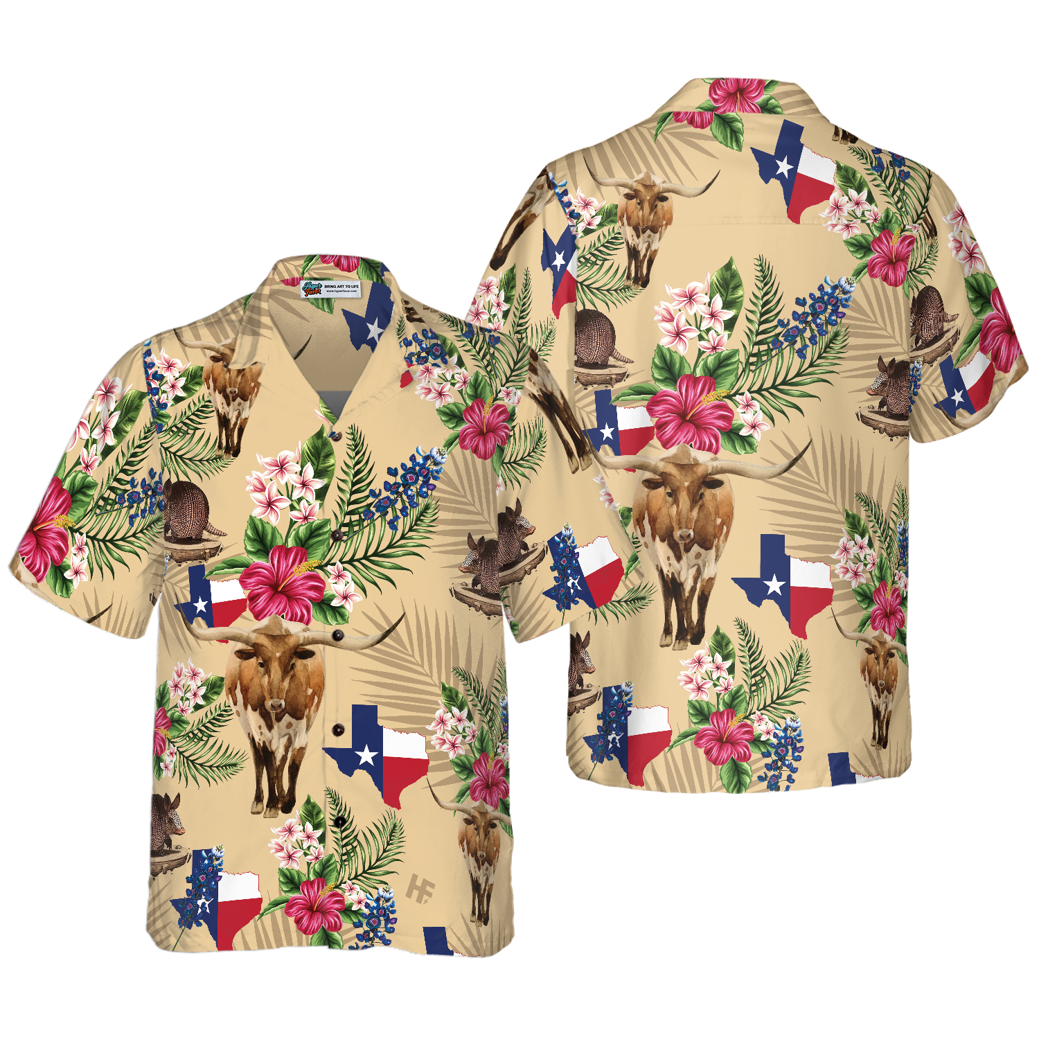 Brown Tribal Pattern Texas Hawaiian Shirt For Men Armadillo And Longhorn Texas State Shirt Proud Texas Flag Shirt For Men 1.png