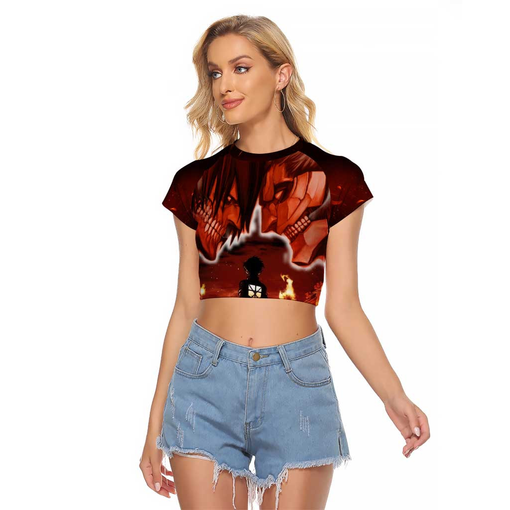 Burning Attack on Titan Raglan Cropped T Shirt Anime Mix Trippy 1