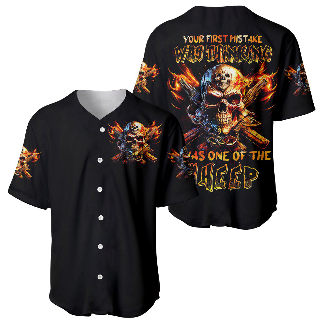 Fire Gun Skull Baseball Jersey Your First Mistake Was Thinking I Was One Of The Sheep 1