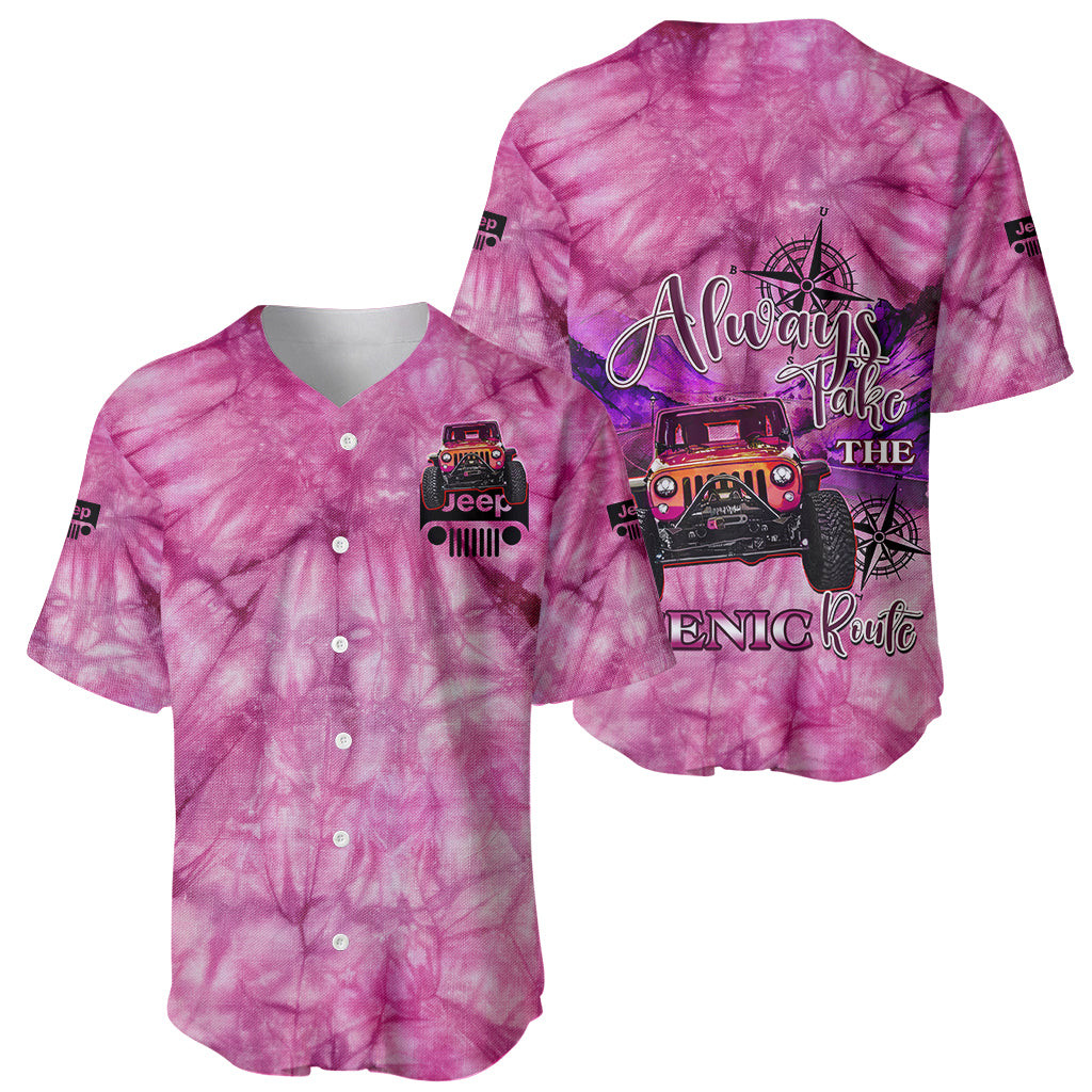 Pink Jeep Tie Dye Baseball Jersey Always Take The Scenic Route 1
