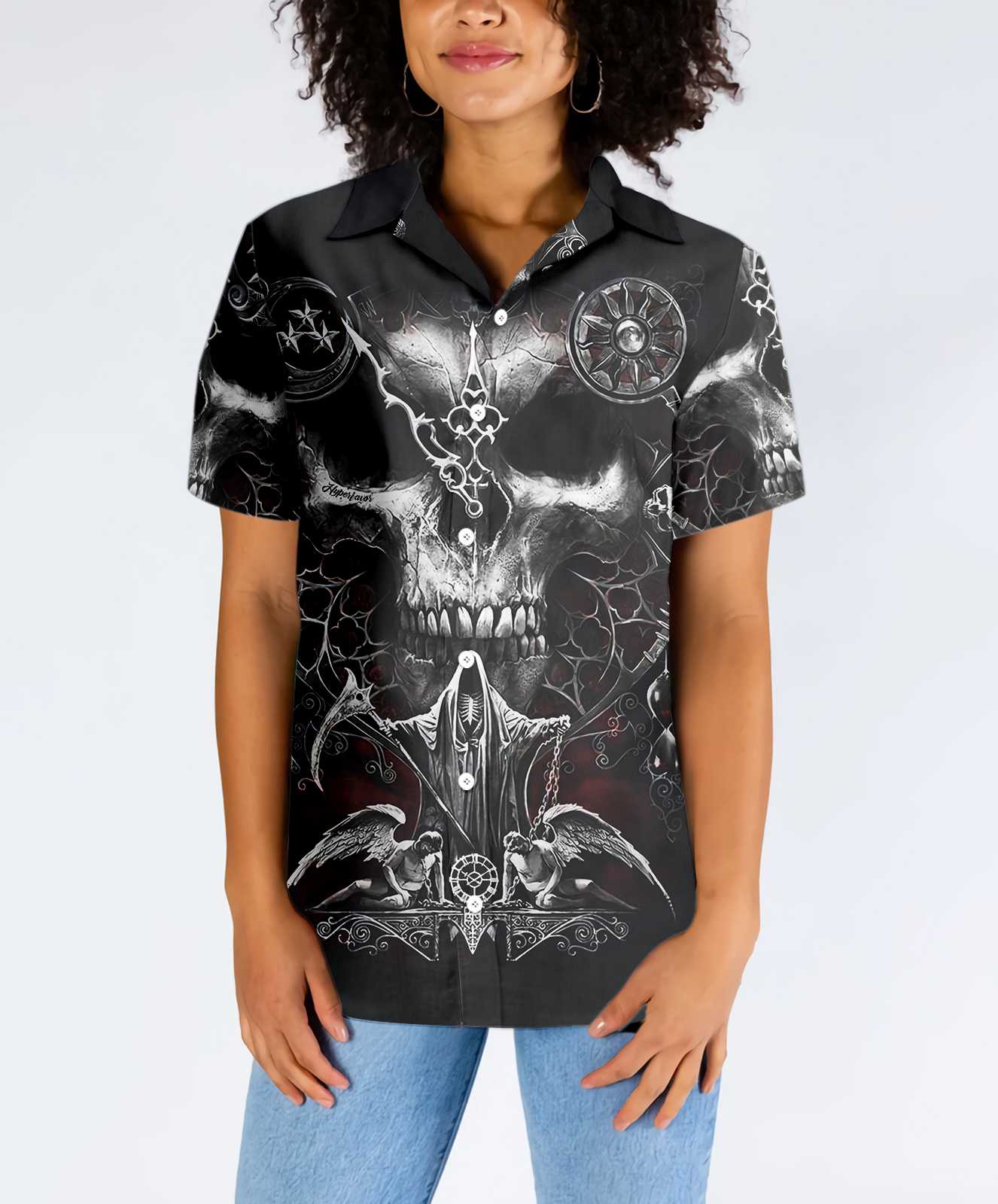Skull Death Hawaiian Shirt Black And White Gothic Skull Shirt For Men And Women 1.jpg