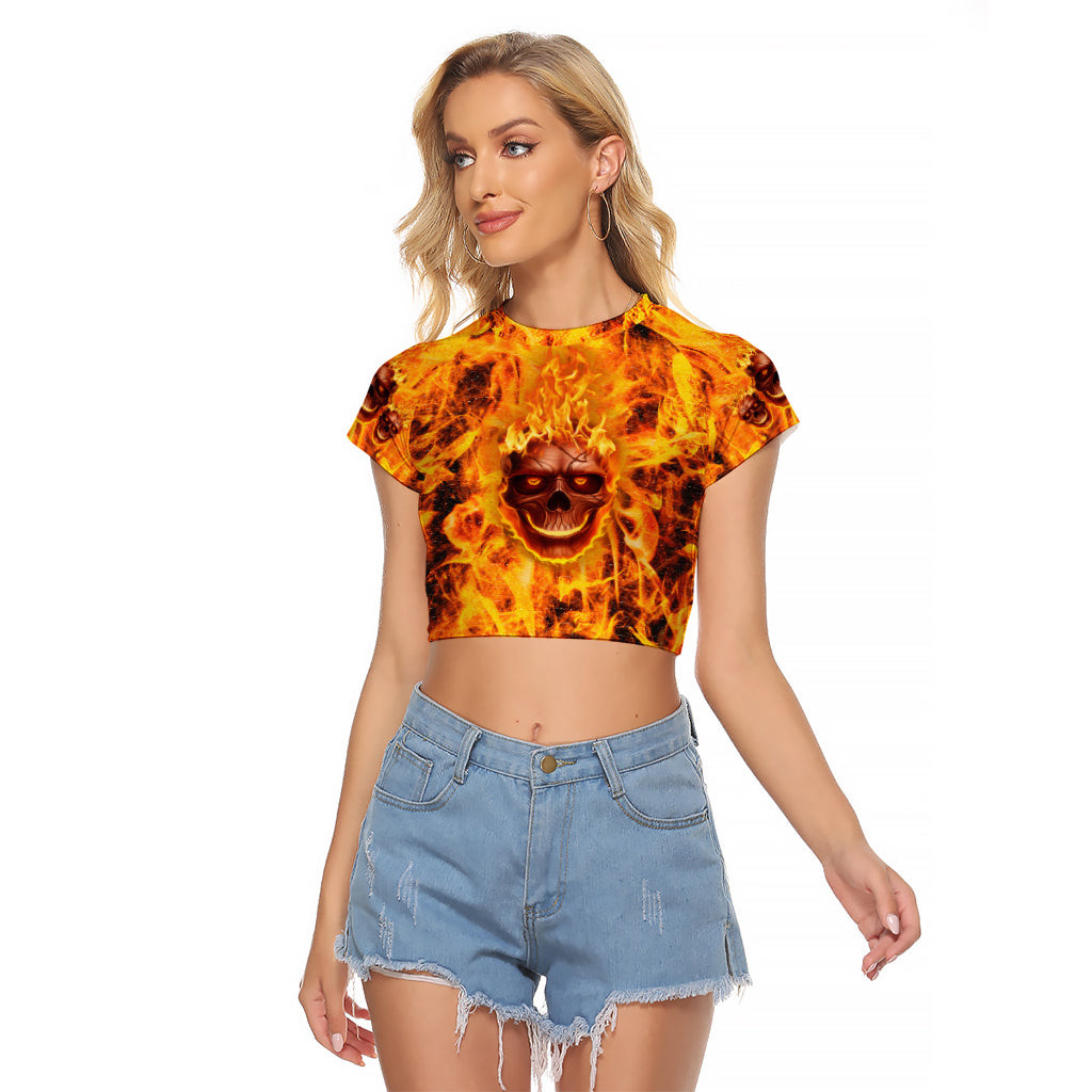 Three Skulls Flaming Raglan Cropped T Shirt High On Fire 1