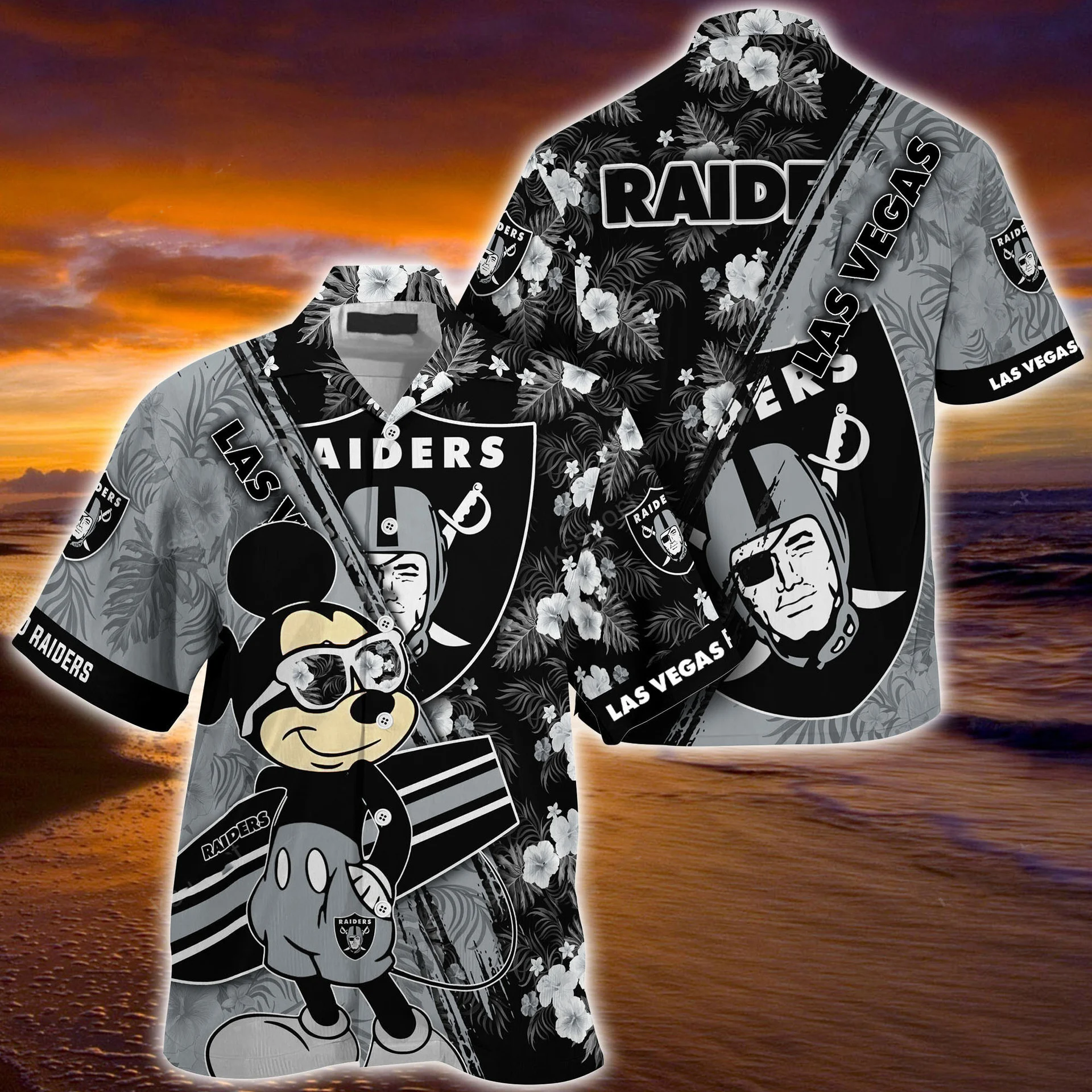 las vegas raiders sunset tropical crossover hawaiian shirt.webp