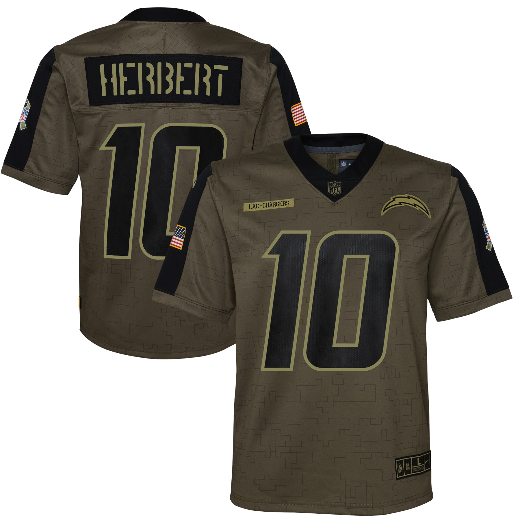 justin herbert los angeles chargers nike youth 2021 salute to service game jersey olive 9400 ikvuc.jpg