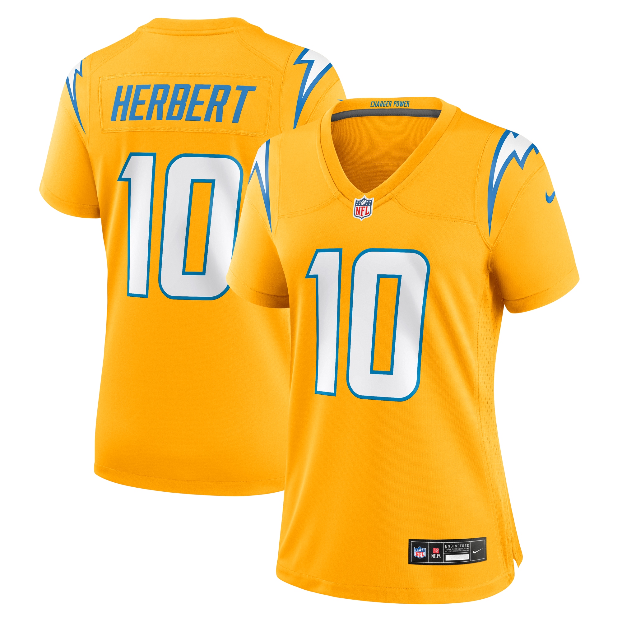 justin herbert los angeles chargers nike womens alternate charger power game jersey gold clowdercats u3s9d.jpg