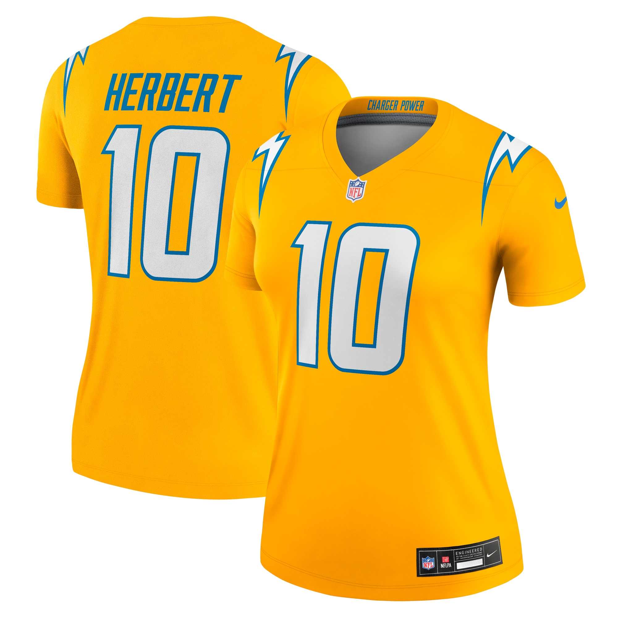 justin herbert los angeles chargers nike womens alternate charger power legend player performance top gold clowdercats lnr0s.jpg