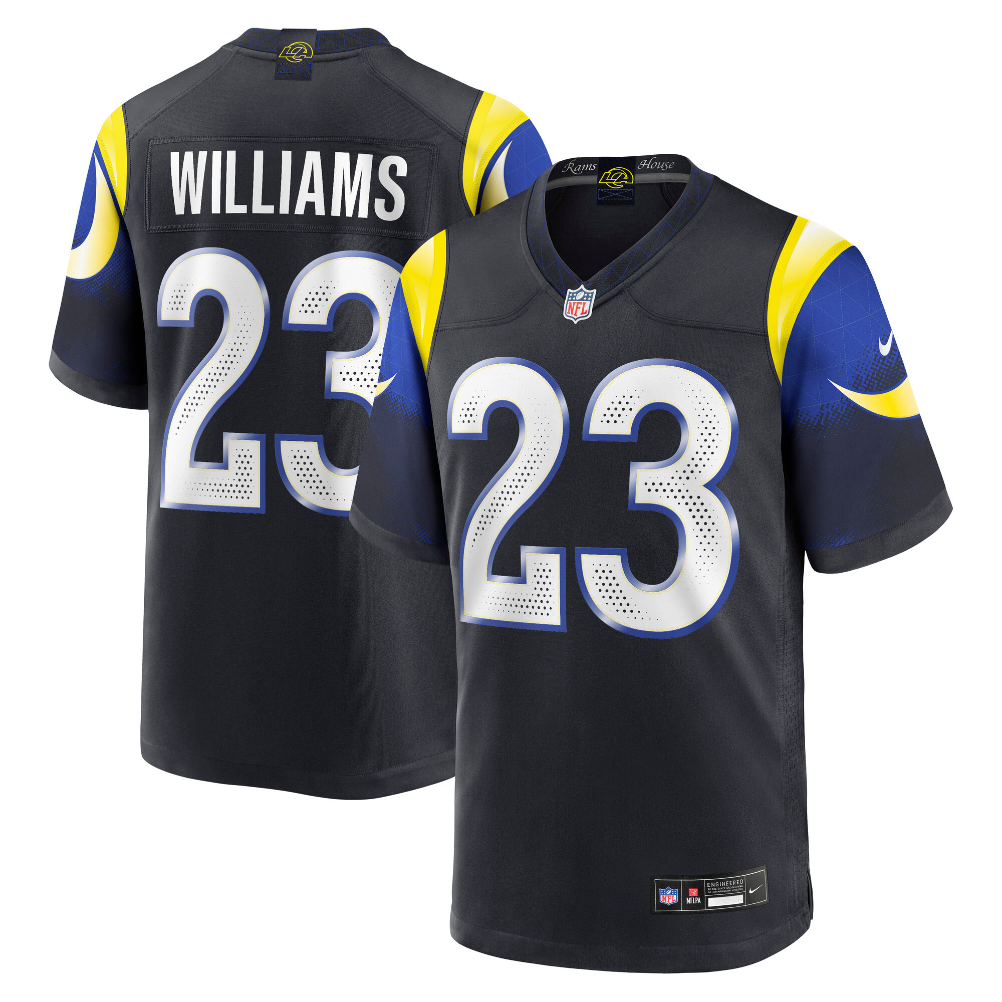 kyren williams los angeles rams nike 2025 rivalries collection game jersey midnight blue clowdercats 4kaom.jpg